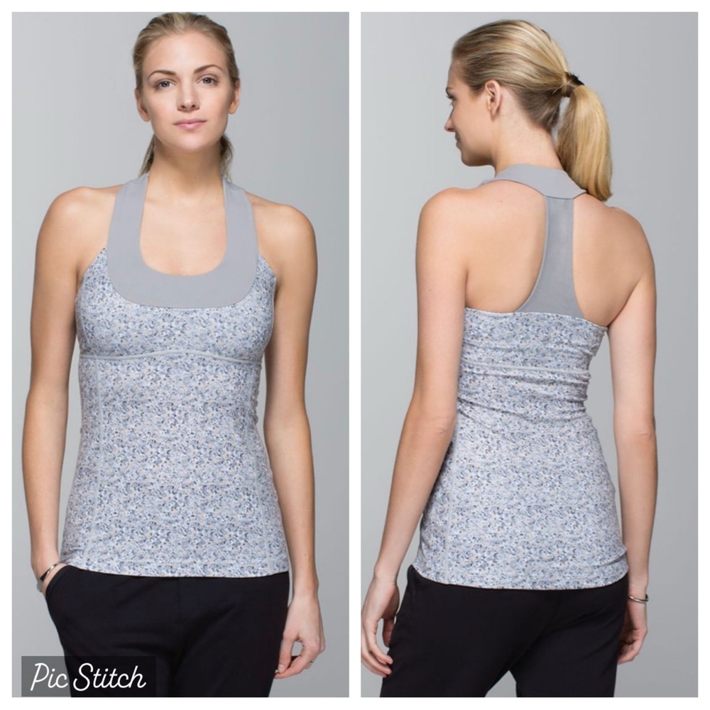 Lululemon scoop neck racerback gray cream floral mesh back athletic tank top